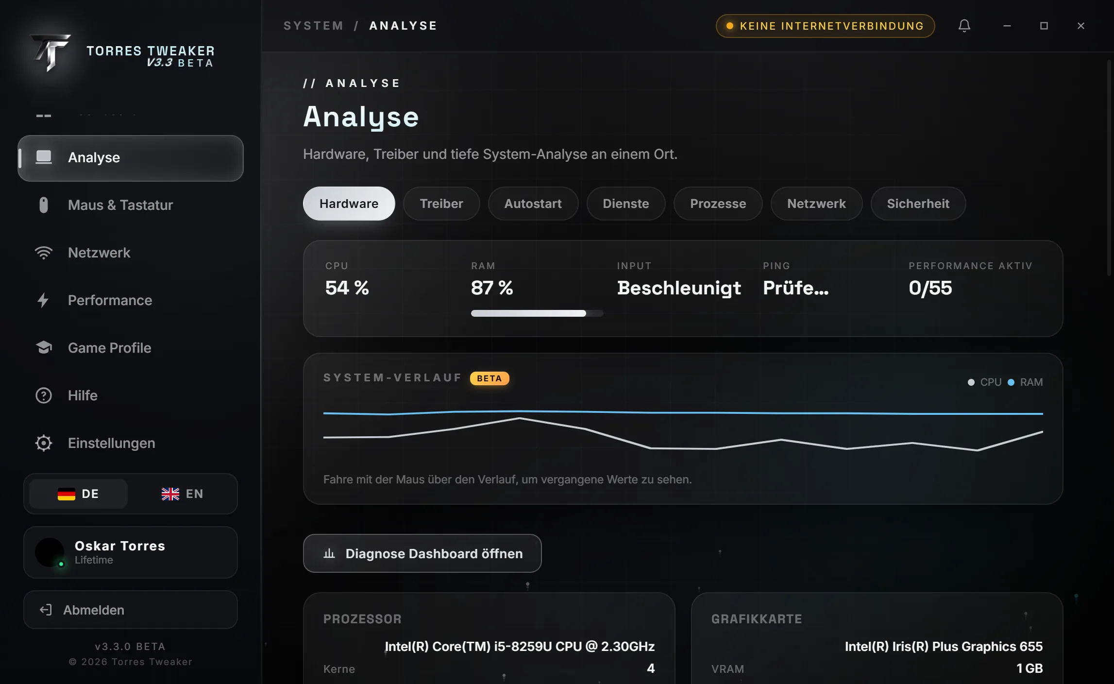 Torres Tweaker analysis view with hardware, driver, startup, service, process, network and security tabs