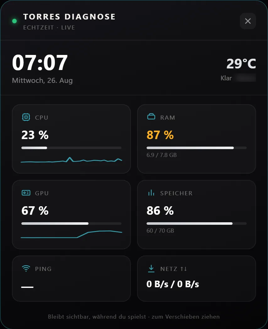 Torres Tweaker in-game overlay showing live CPU, RAM, GPU and ping readouts