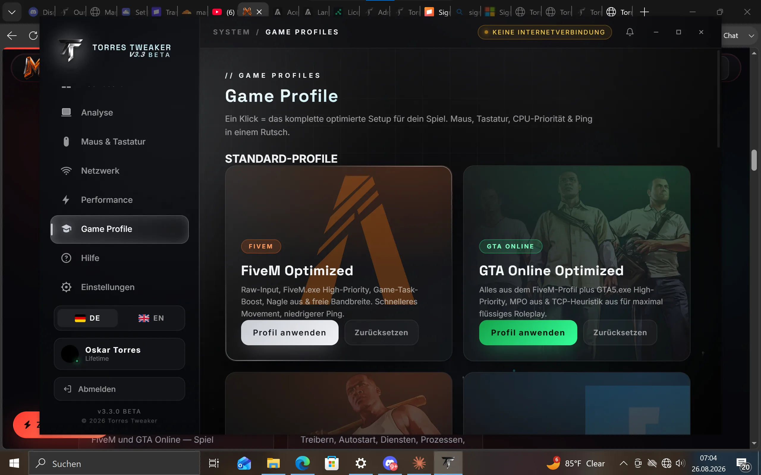 Torres Tweaker game profile selector for FiveM and GTA Online with one-click optimization